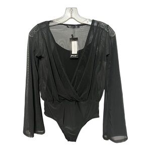 Nasty Gal Wrap Bodysuit Black Mesh Sheer Overlay Flare Sleeve Blouse Snap Size 4